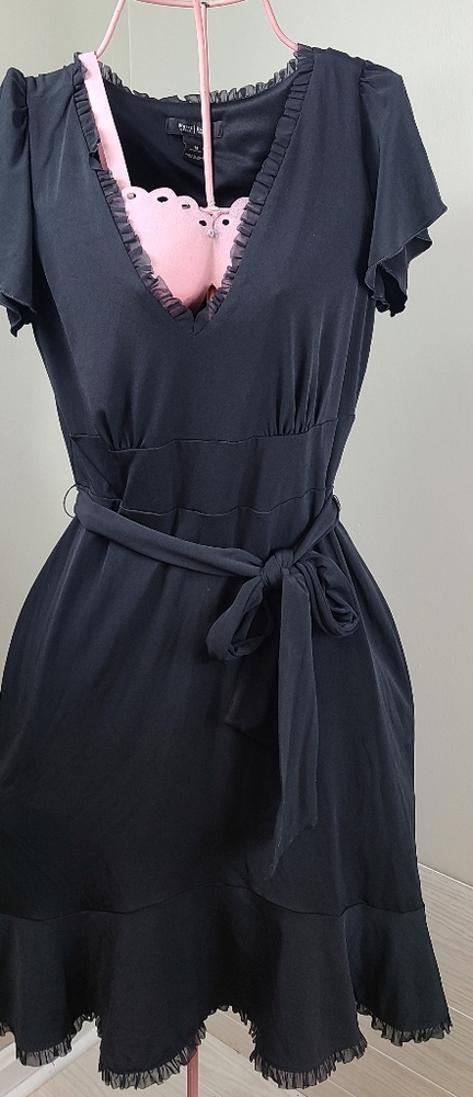 White House Black Market Women's Sexy Fitted Black Dress Ruffle Trim